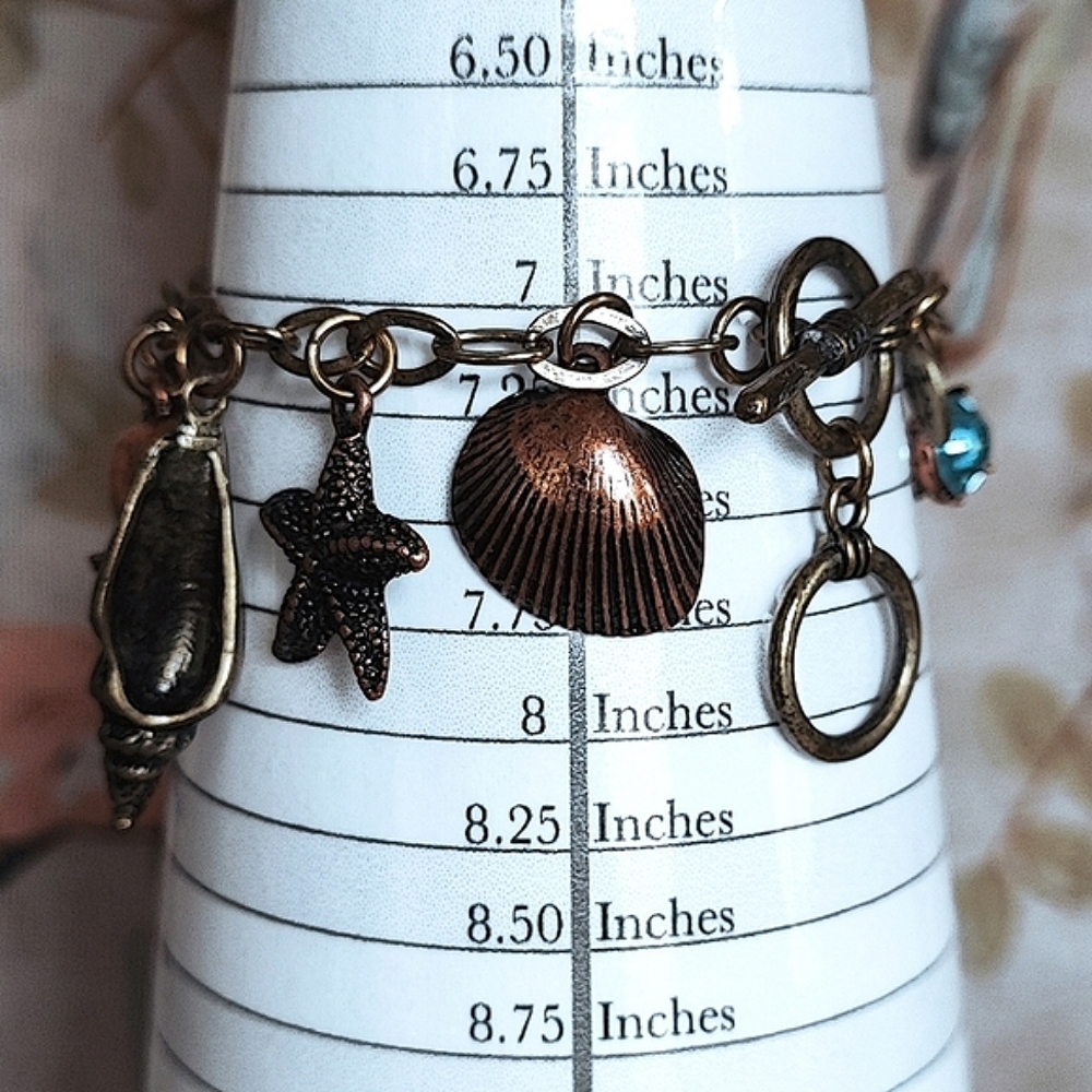 Cookie Lee Brass Copper Seashell Marine Life Rhinestones Starfish Bracelet - Picture 9 of 11